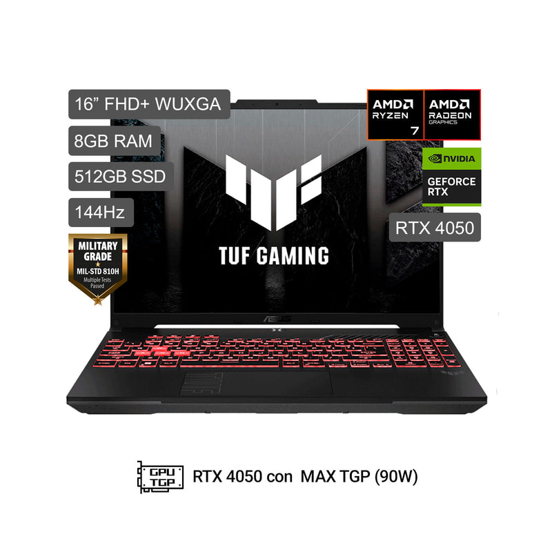 Laptop ASUS TUF Gaming A16 AMD Ryzen 7 8GB RAM 512GB SSD RTX 4050 16" + Mochila FA607NUQ-RL210W