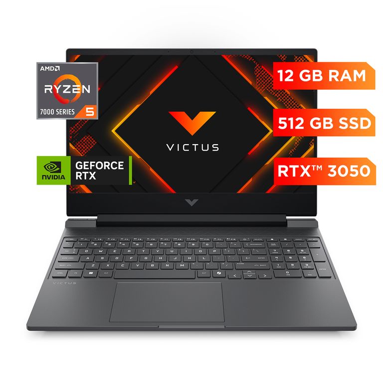 Laptop Gamer VICTUS by 15-fb3031la, AMD Ryzen 7, 12 GB RAM, NVIDIA GeForce RTX 3050, 512 GB SSD, 15.6" FHD, Windows 11 Home