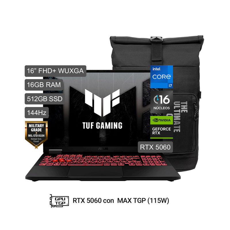 Laptop ASUS TUF Gaming F16 Intel Core i7 16GB RAM 512GB SSD RTX 5060 16" + Mochila FX608JMI-TU401W