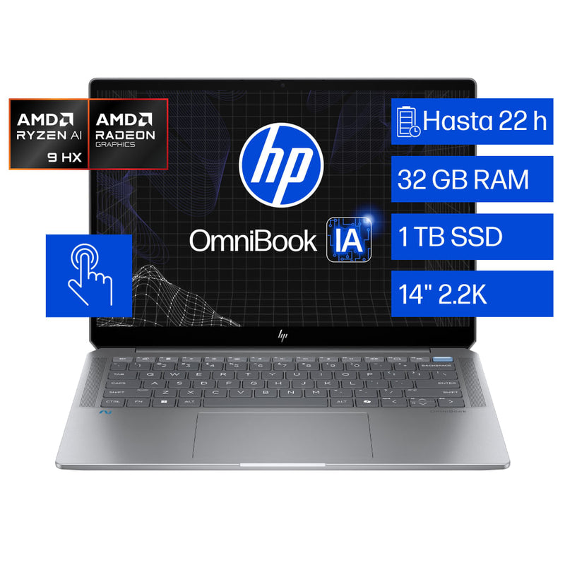 Laptop HP OmniBook Ultra 14-fd0001la, AMD Ryzen AI 9, 32 GB RAM, 1 TB SSD, 14" Táctil 2.2K, Windows 11 Home
