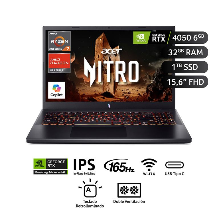 Laptop Gamer Nitro V AMD Ryzen 7-7445HS 32GB 1TB 15.6 165Hz FHD NVIDIA GeForce RTX 4050