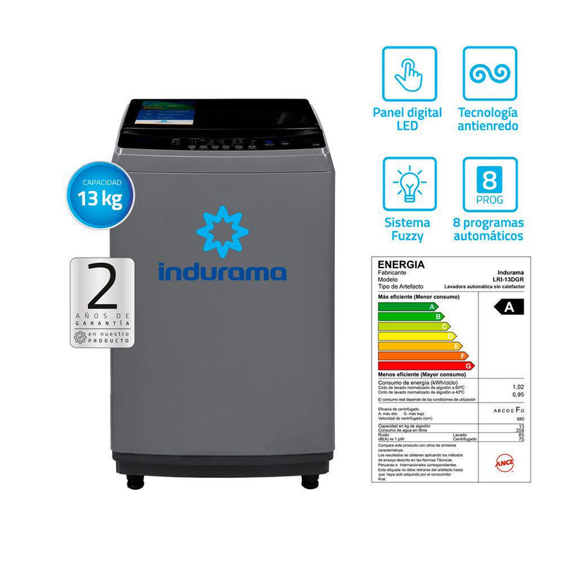 Lavadora Indurama 13 kg Carga Superior LRI-13DGR Gris Oscuro