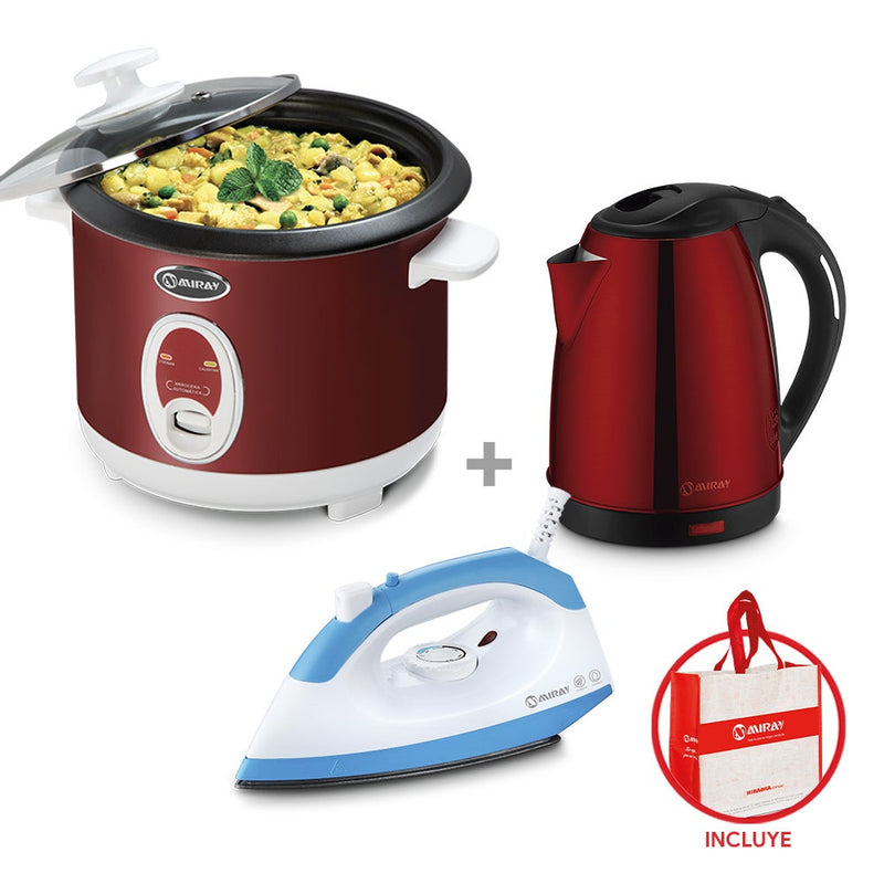 Olla Arrocera Miray OM-T336R + Hervidor Miray HM-873R 1.8L + Plancha Miray PMC-68 + Bolso Miray BMM-74