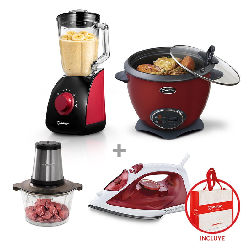 Licuadora Miray LM-143R 1.5L + Olla Arrocera Miray OM-T337R 1.5L + Picatodo Miray PTM-19 2L+ Plancha Miray PMC-69R + Bolso Miray BMM-74