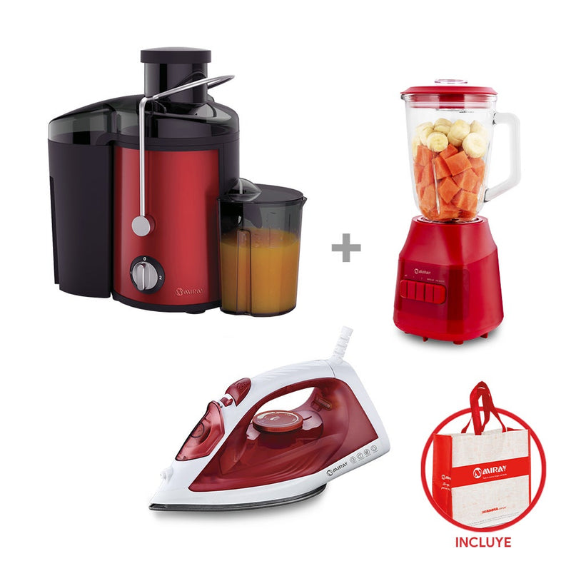 Extractor de Jugo Miray EM-42 + Licuadora Miray LM-129R 1.5L + Plancha Miray PMC-69R + Bolso Miray BMM-74