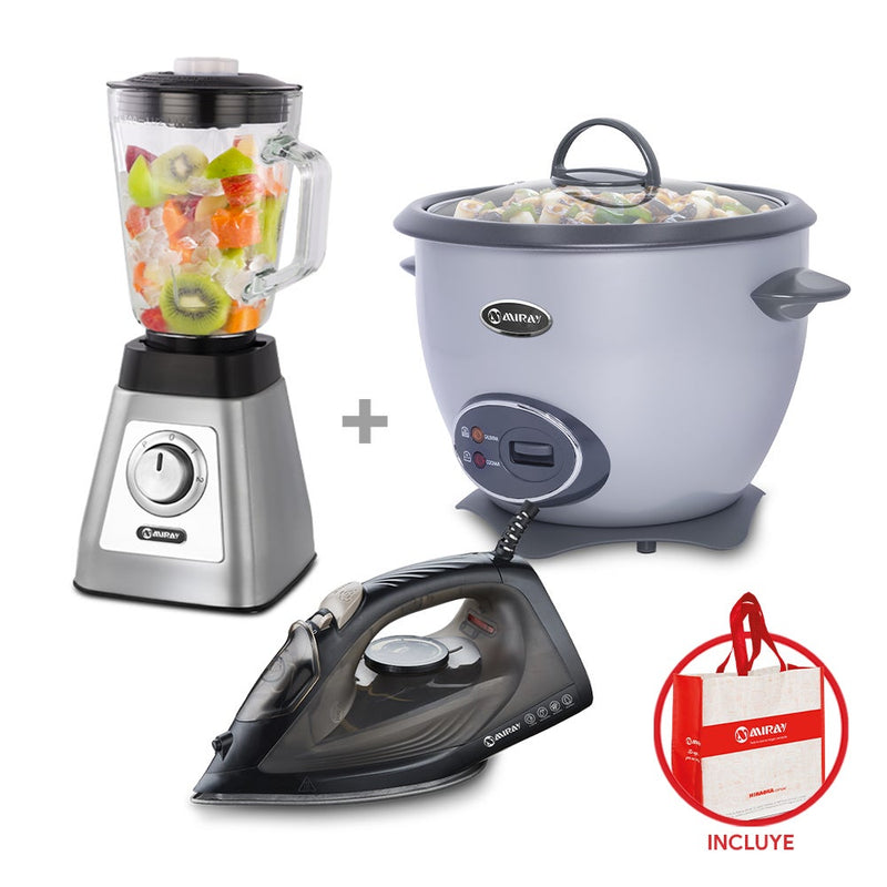 Licuadora Miray LM-130V 1.5L + Olla Arrocera Miray OM-T337S 1.5L + Plancha Miray PMC-69N + Bolso Miray BMM-74